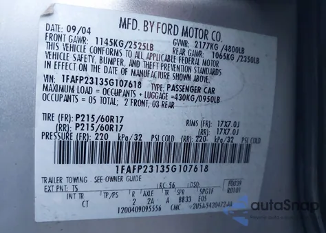 2005 Ford Five Hundred Se from USA, damaged, VIN 1FAFP23135G107618